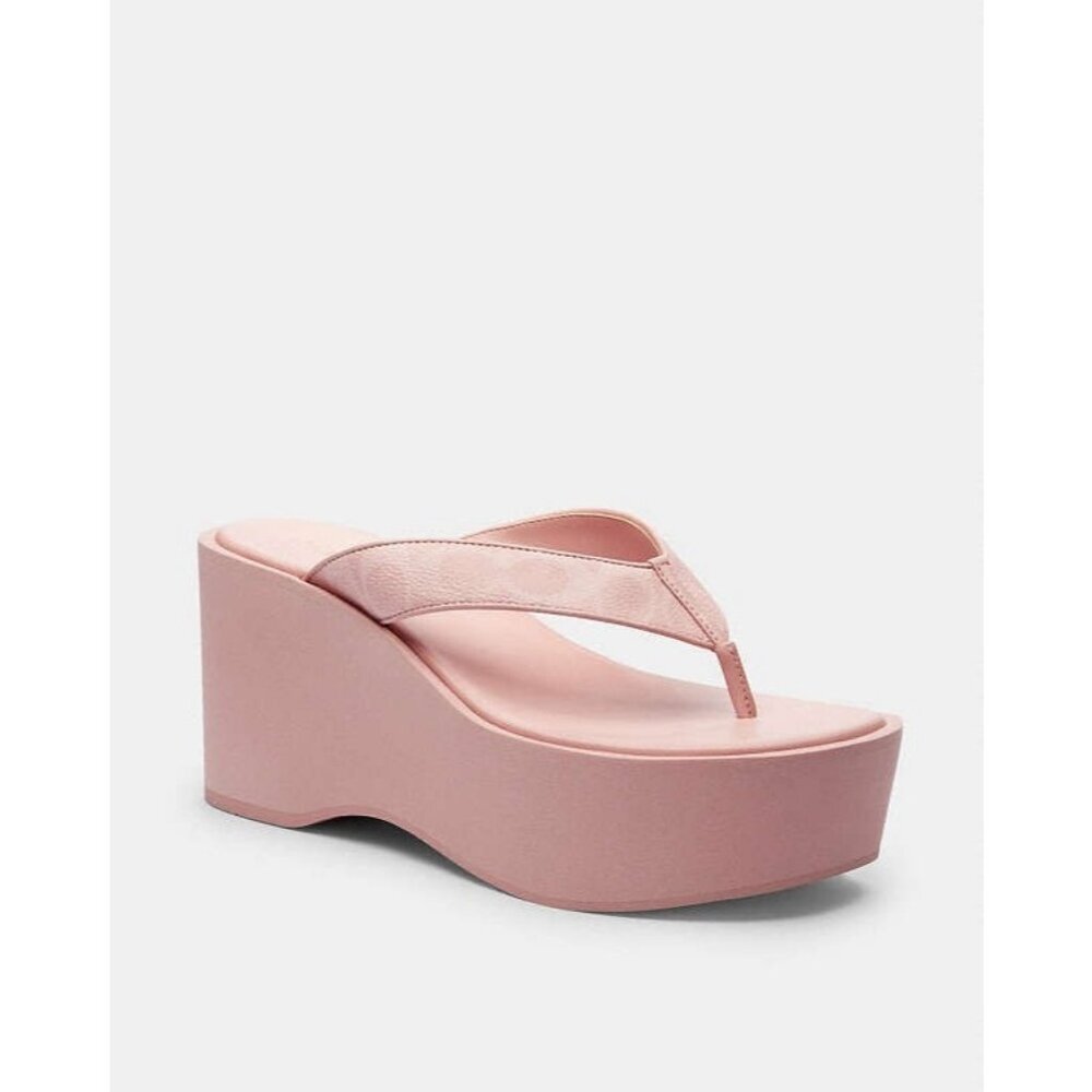 Coach Thong Wedge Sandal Women's Size 8 Powder Pink Slip-on Signature Canvas
